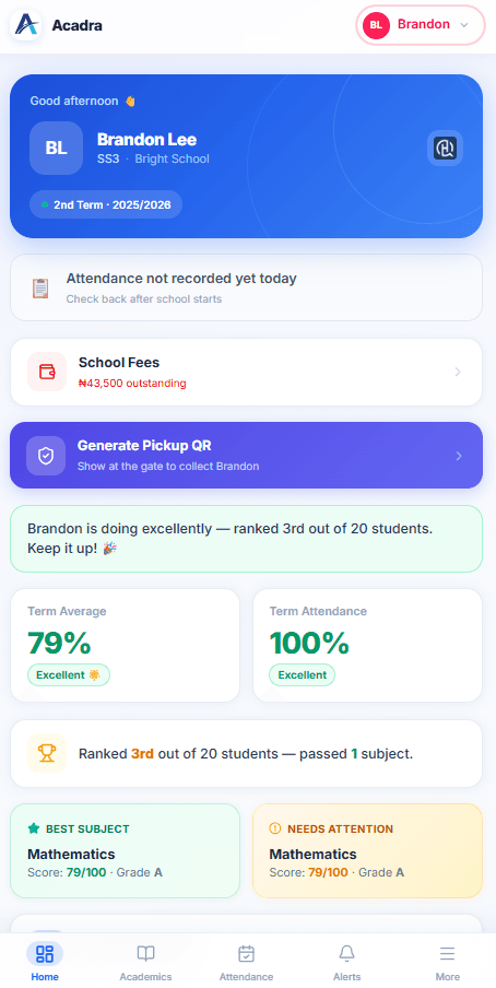Parent Portal - Student Dashboard showing term average, attendance, and rankings